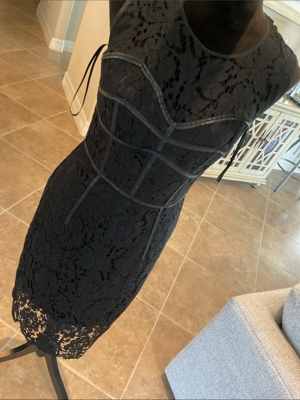 MILLY Sleeveless lace with leather cross cross back zip dress, black, size s 6